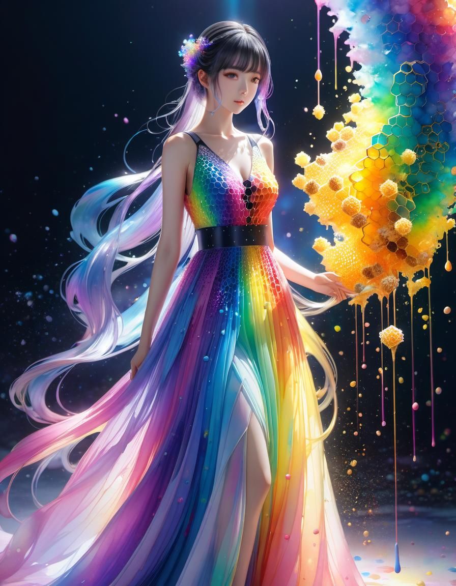 Rainbow Dress in Flowing Watercolour Anime Art