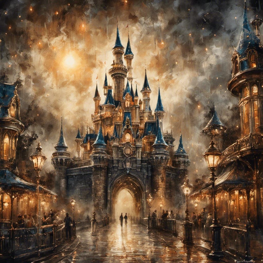 Steampunk Cinderella Castle in Ink Painting Style