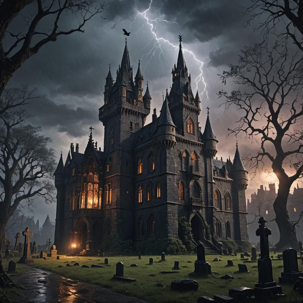 Gothic Castle in Stormy Graveyard, Detailed Matte Painting