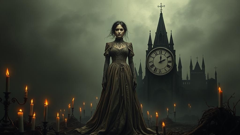Surrealist Dreamscape with Woman in Victorian Gown