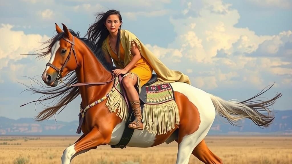 Native American Woman on Horseback in Romantic Style