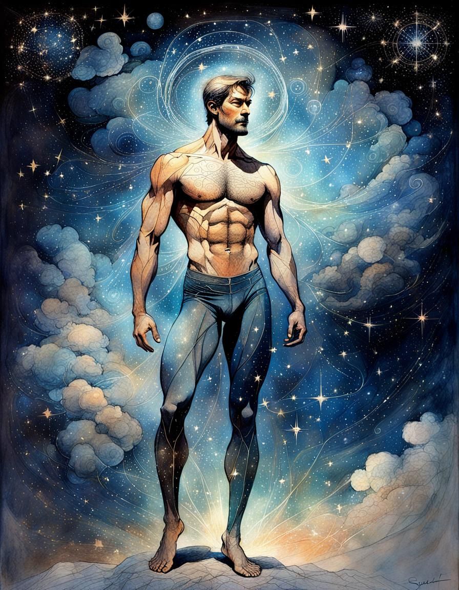 Ethereal Man in Starry Constellation, Detailed Drawing