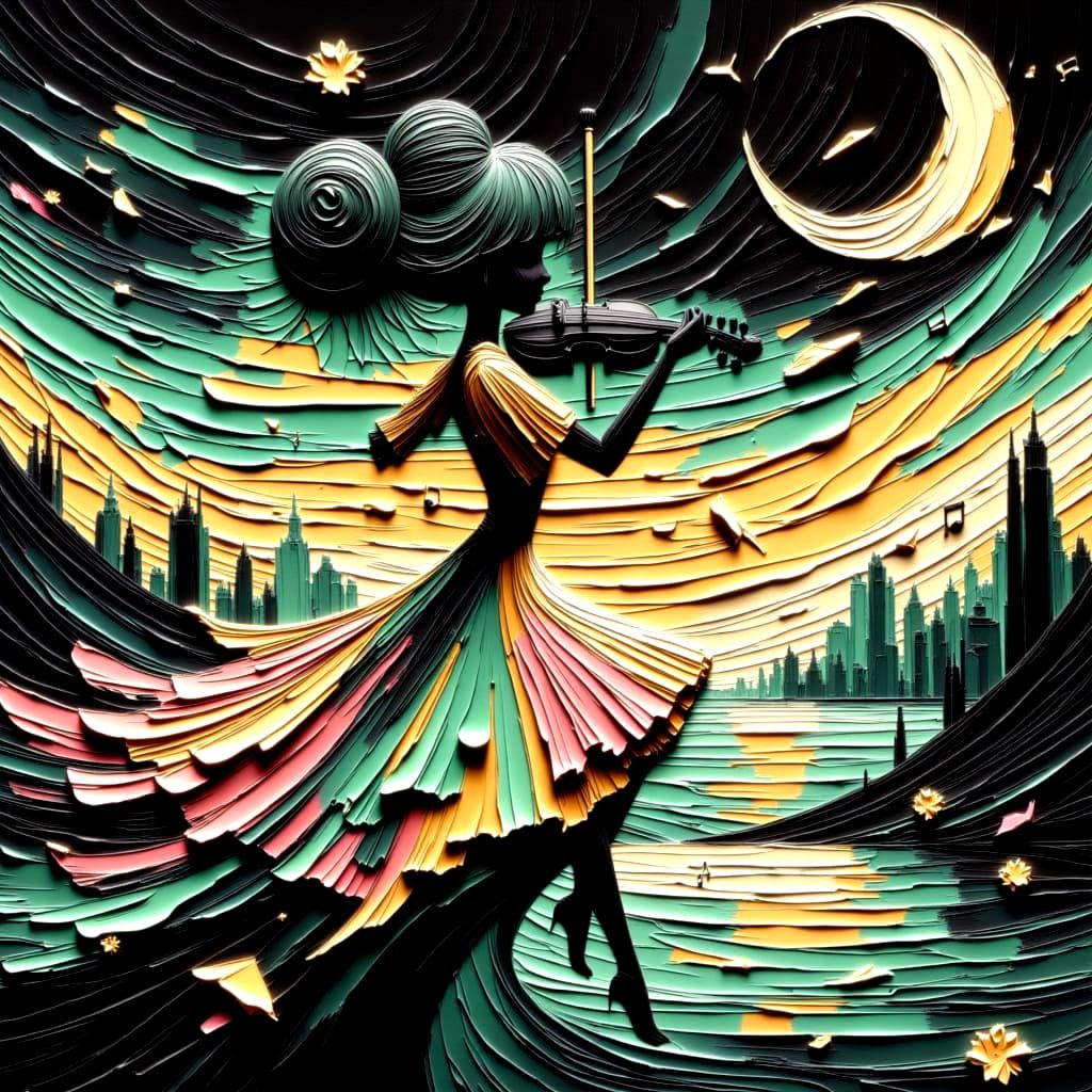 Anime Violinist in Retro-Futuristic Cityscape