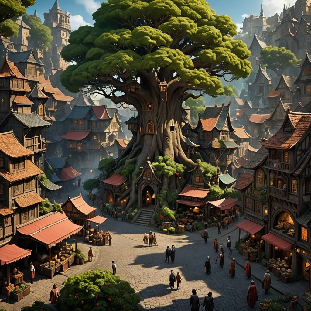 Lively Fantasy Town with Central Life Tree