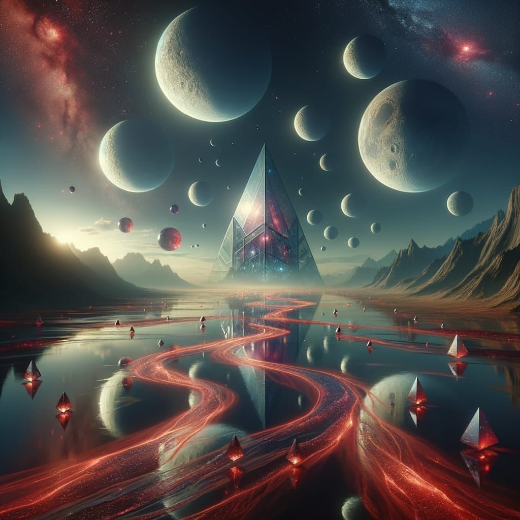 Surreal Landscape With Floating Moons And Glass Temple