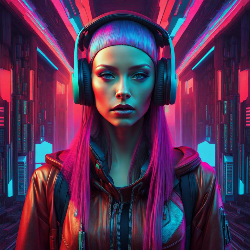 Bohemian Student in Glitchcore Cyberpunk Library