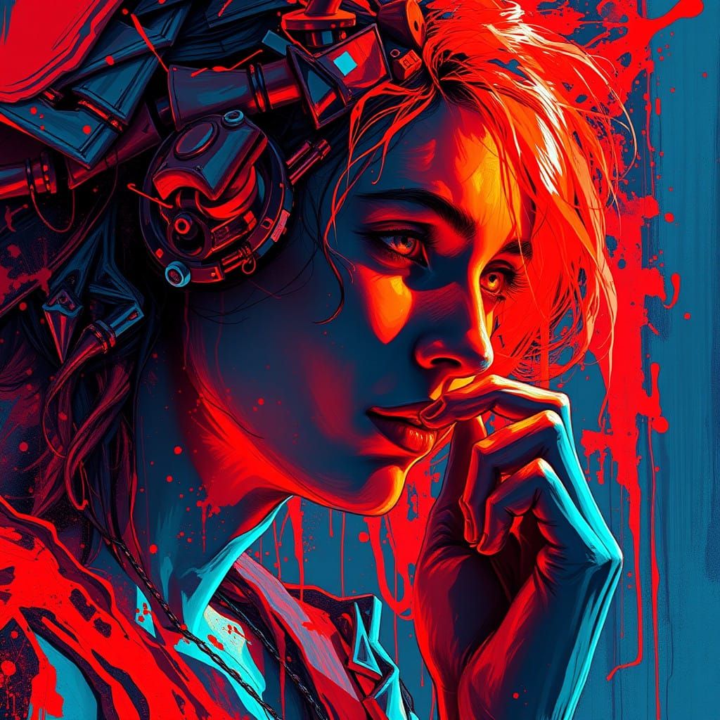 Vibrant Red and Blue Portrait in a Dynamic Art Style