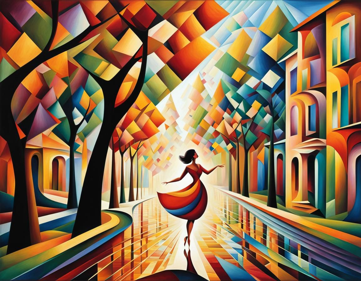 Abstract Cubist Street Scene with Dancing Woman