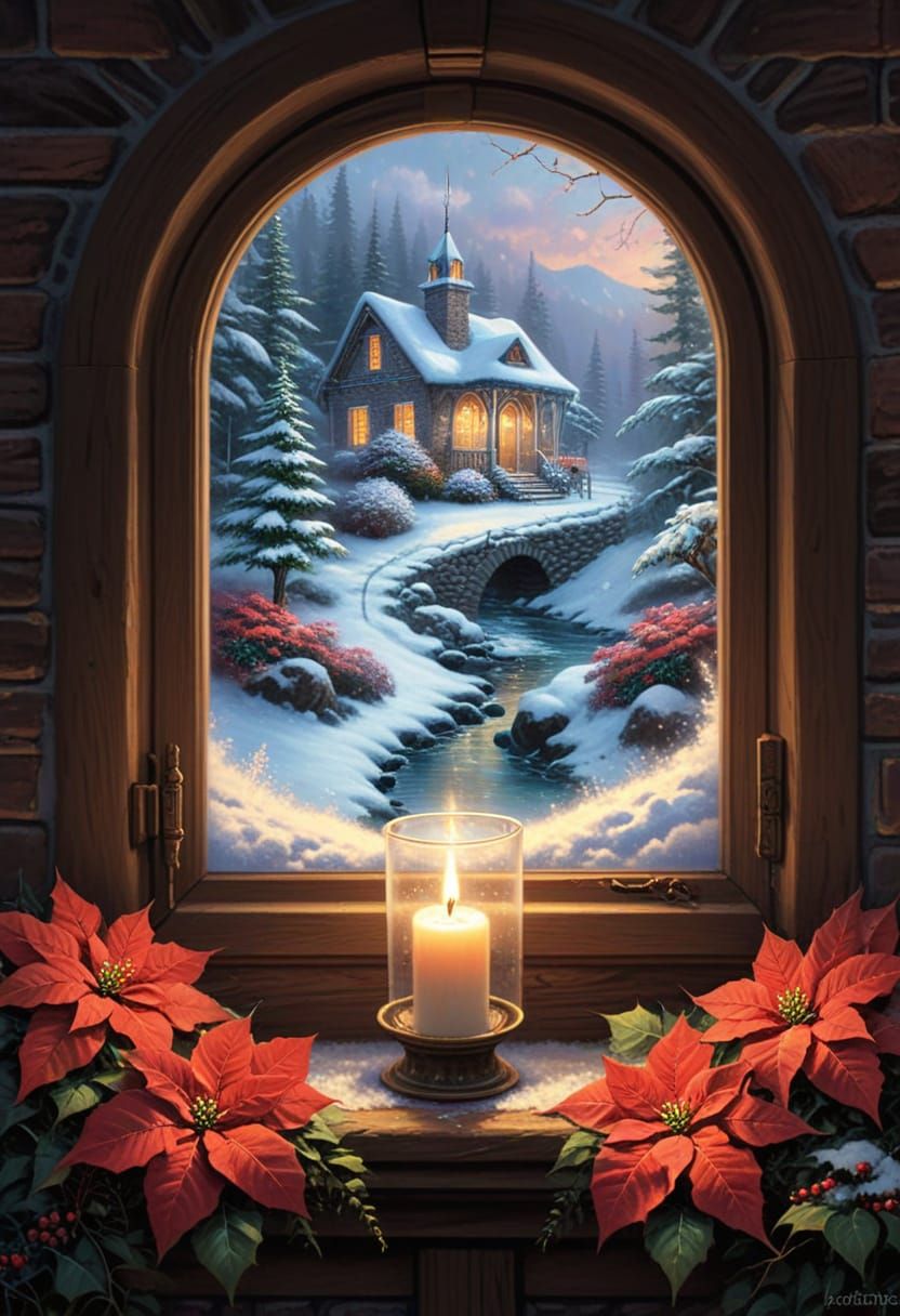Cozy Snow Cottage Window with Candle and Poinsettias