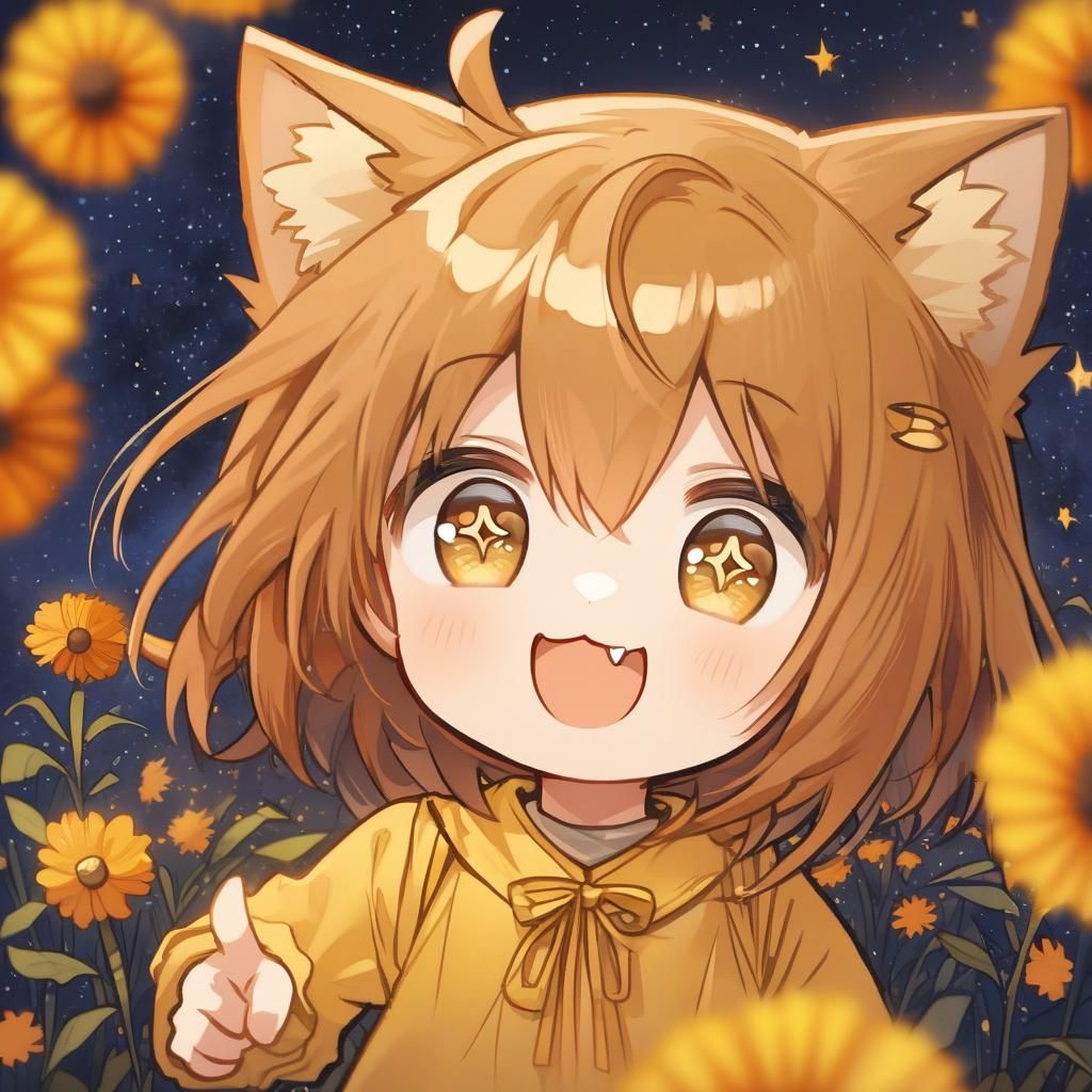 Adorable Chibi Catgirl with Marigolds and Starry Sky