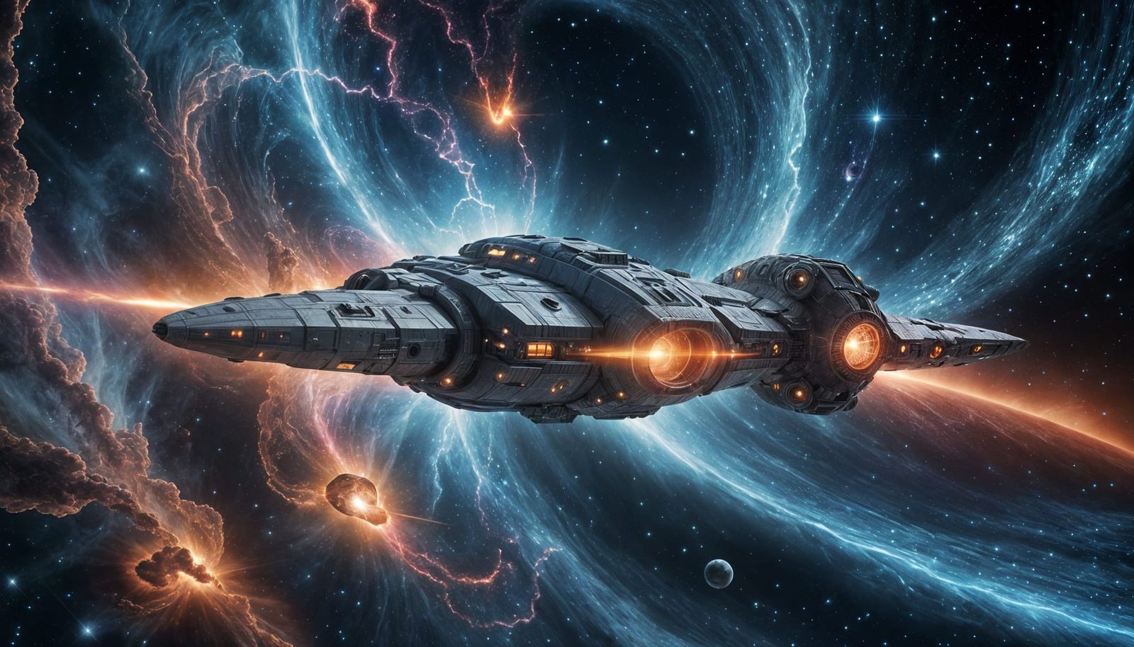 Glowing Spaceship Navigates Cosmic Wormhole in Deep Space