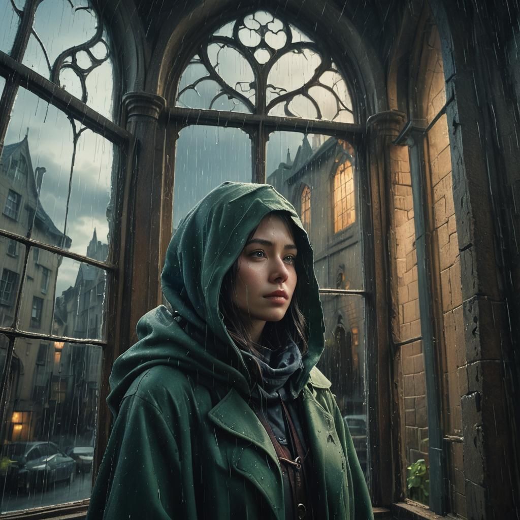 Girl in Gothic Window: Surreal Matte Painting