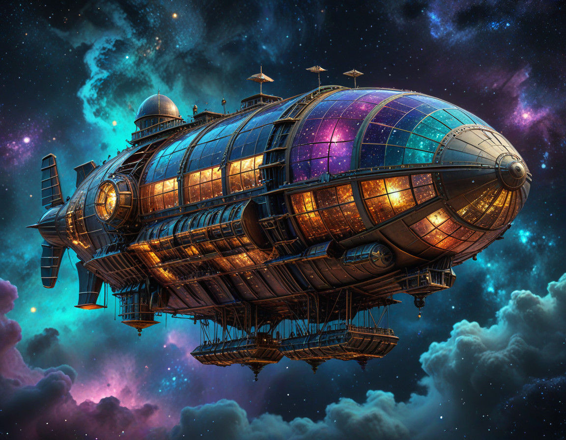 Steampunk Fractal Airship in a Vibrant Starry Cosmos