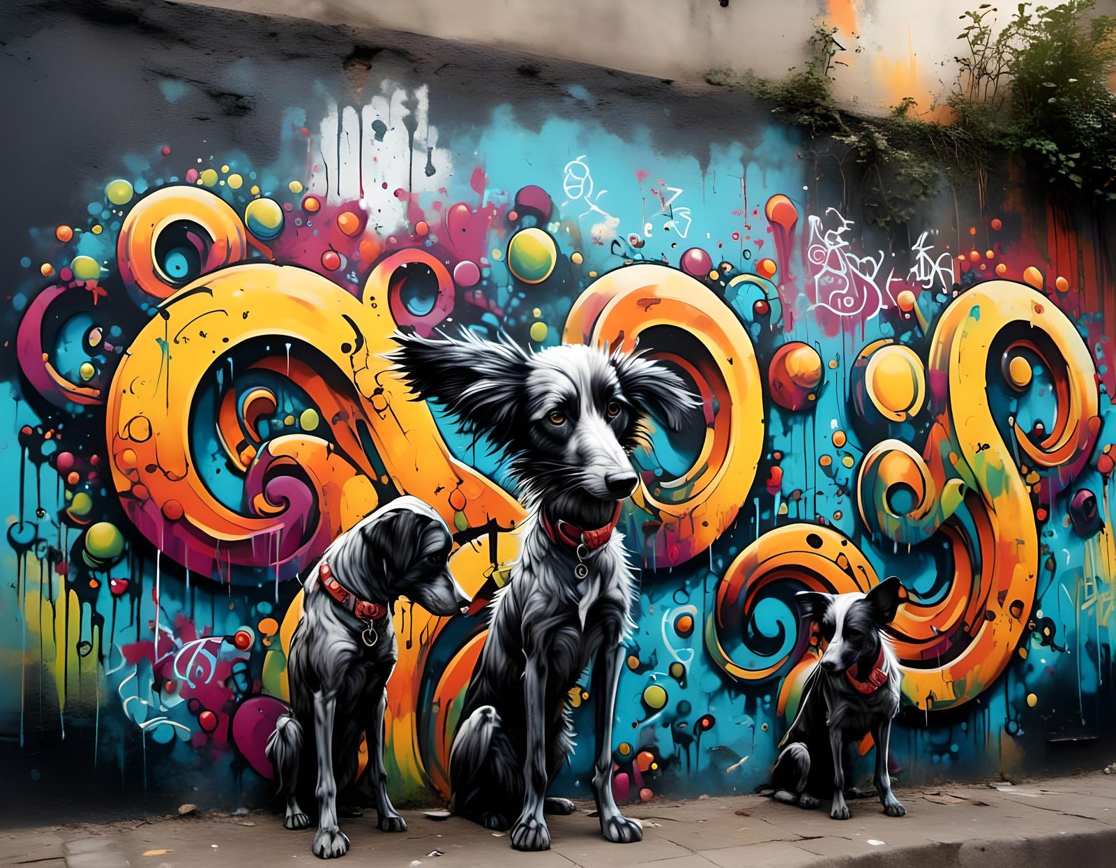 Dogs Admiring Colorful Urban Graffiti Masterpiece