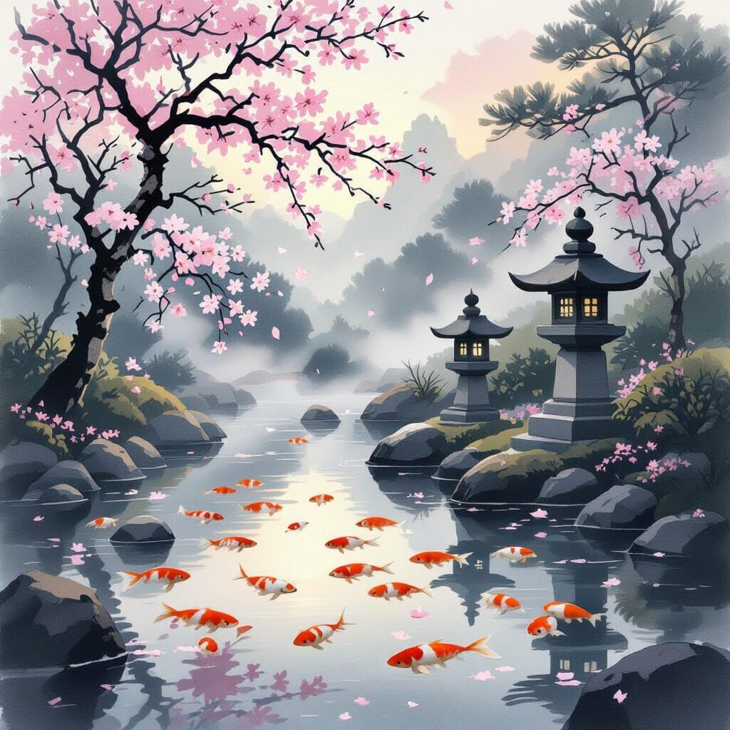 Japanese Garden at Dawn: Minimalist Ink Wash Painting