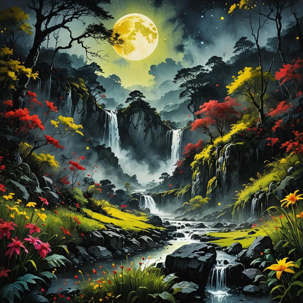 a beautiful moon, a magnificent lush summerscape in the back...