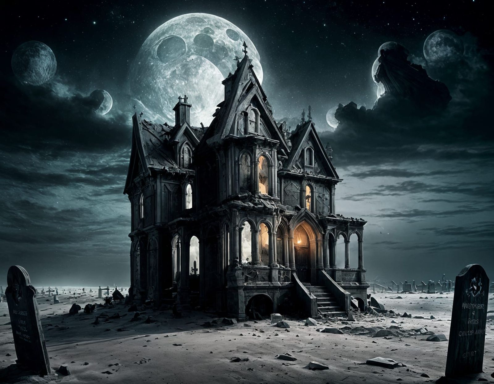 Eerie Gothic Beach House in Sinister Moonscape