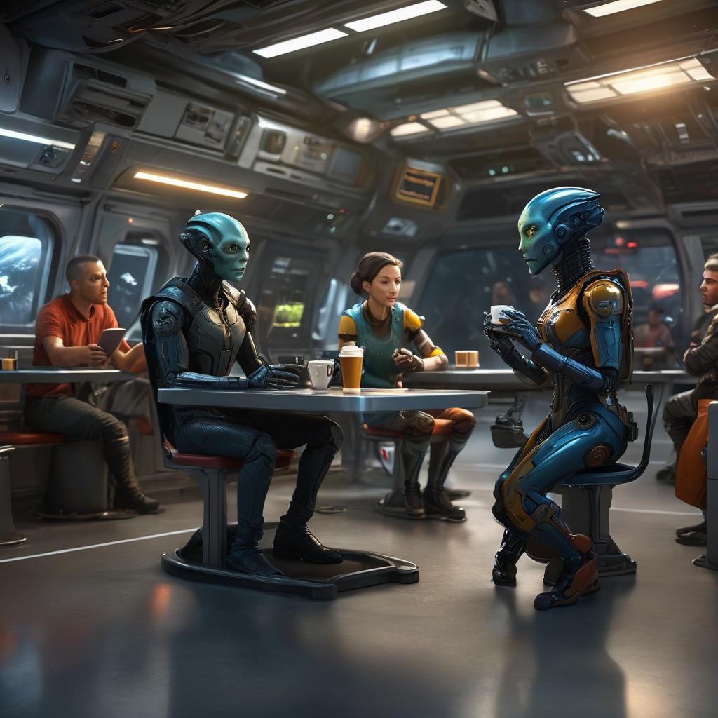 Intergalactic Coffee Break in Hyperrealistic Sci-Fi Art