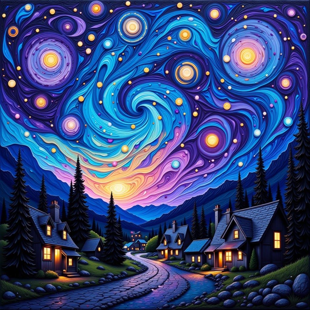 Abstract Starry Night Painting Over Village in Van Gogh Styl...