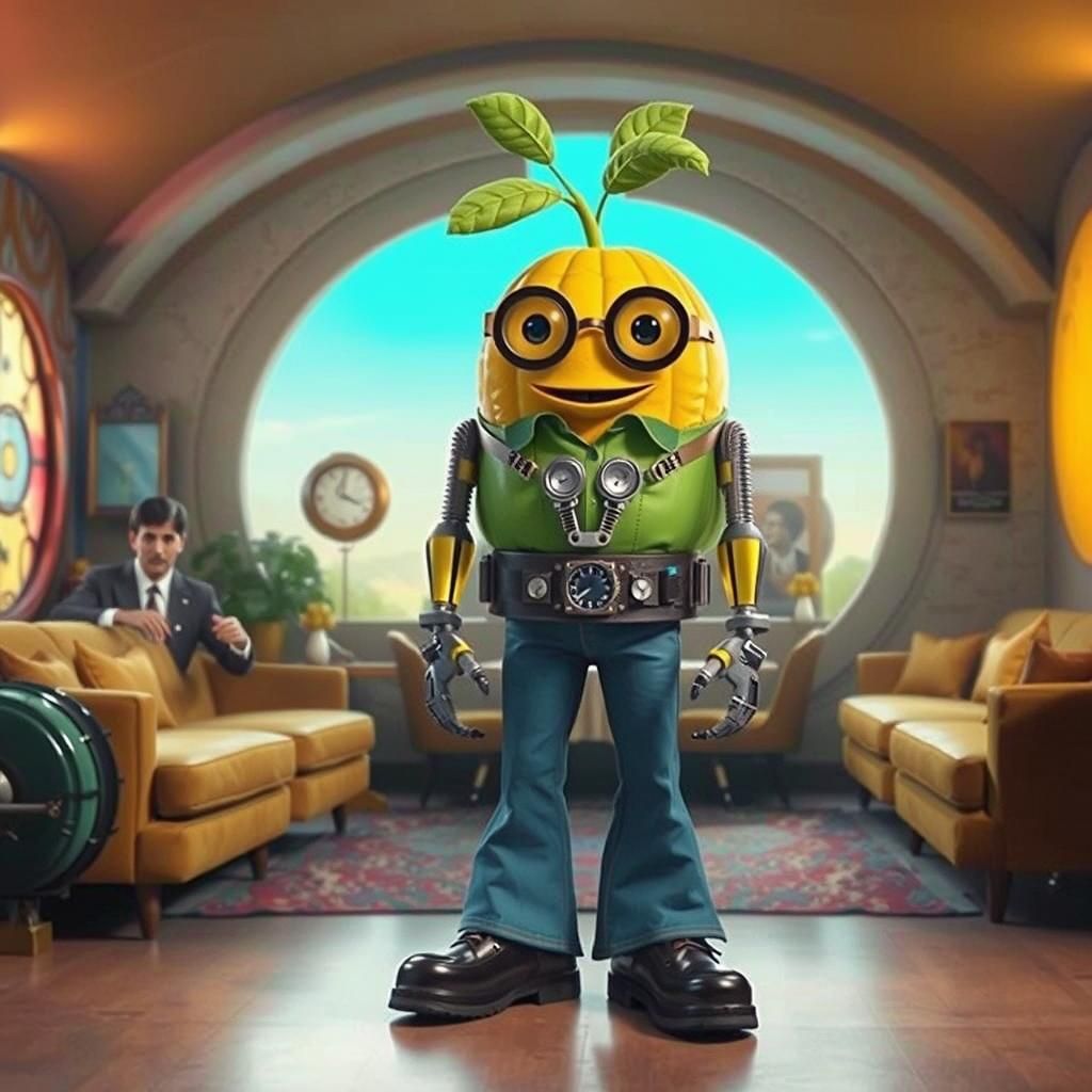 Biopunk Fruits on a Date: 1970s Sitcom Scene