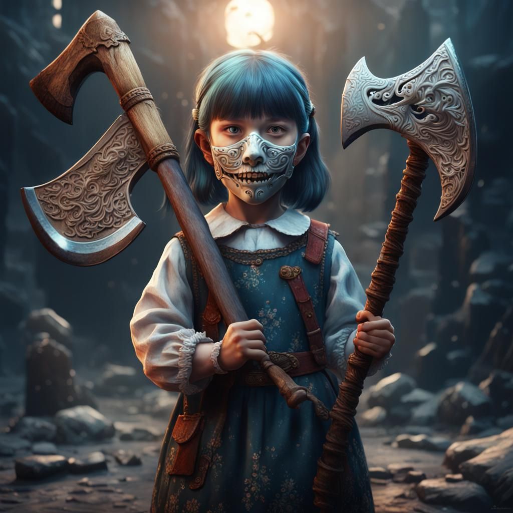 Girl with Porcelain Mask and Axe: Fantasy Art
