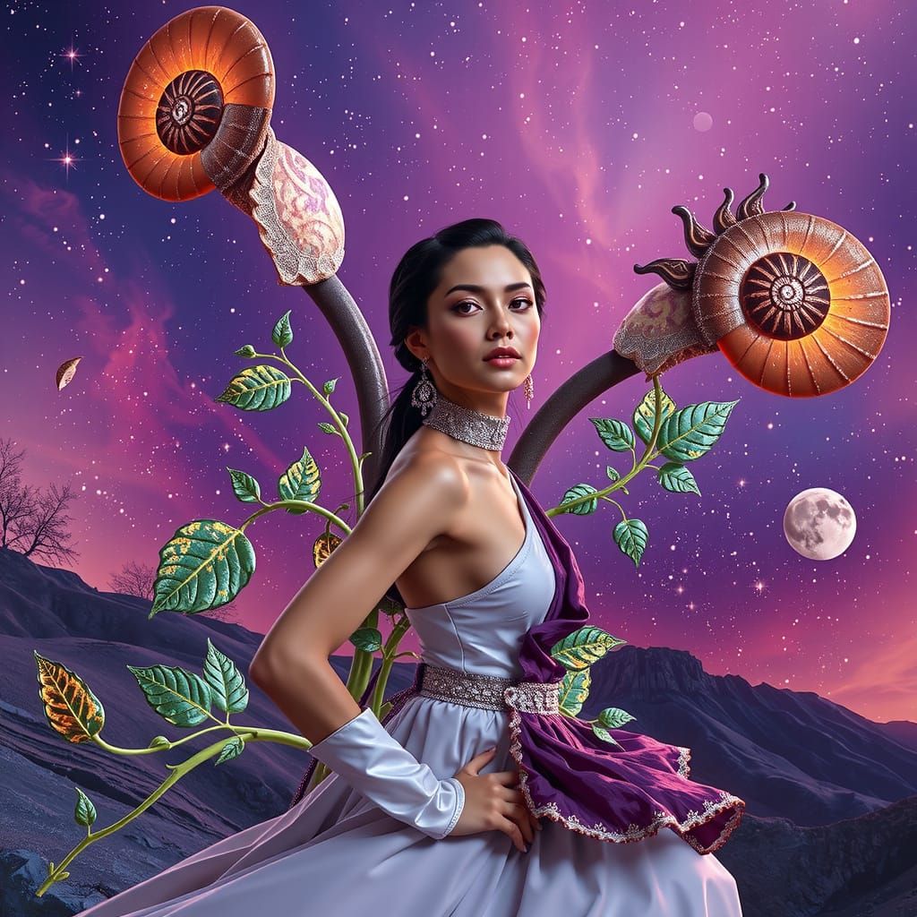 Woman in Starry Night Sky with Fibonacci Curves