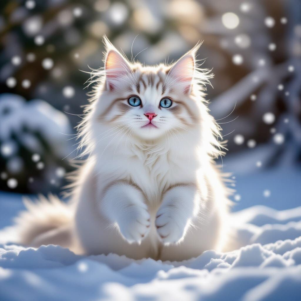 Joyful Siberian Cat in Winter Garden