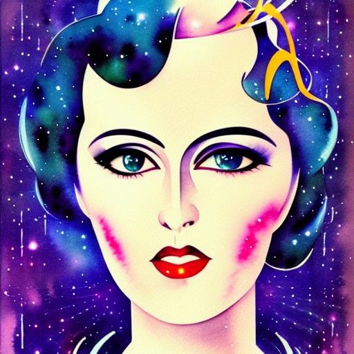 Art Deco Portrait with Galactic Watercolors