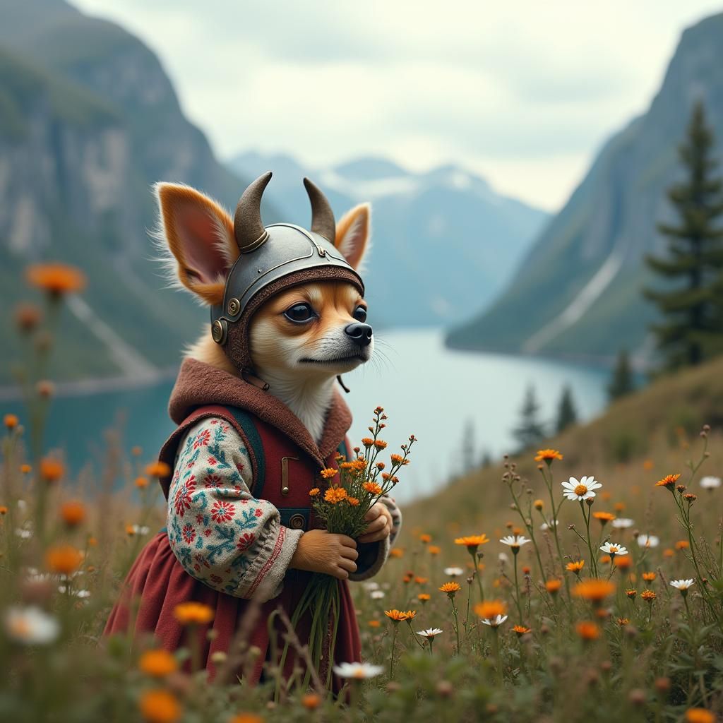 Chihuahua in Norwegian Fjord Picking Flowers
