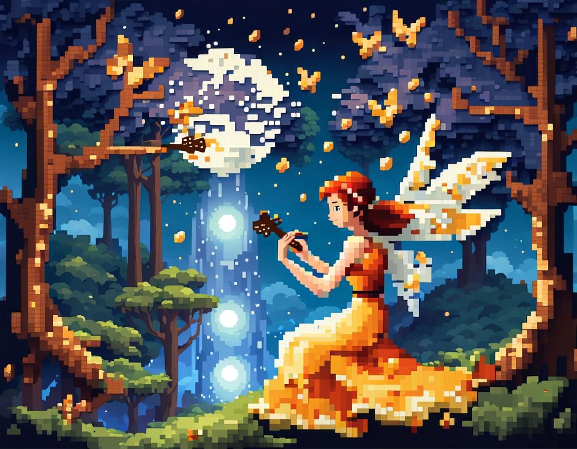 Pixelated Fairy Playing Ukulele in Moonlight Forest