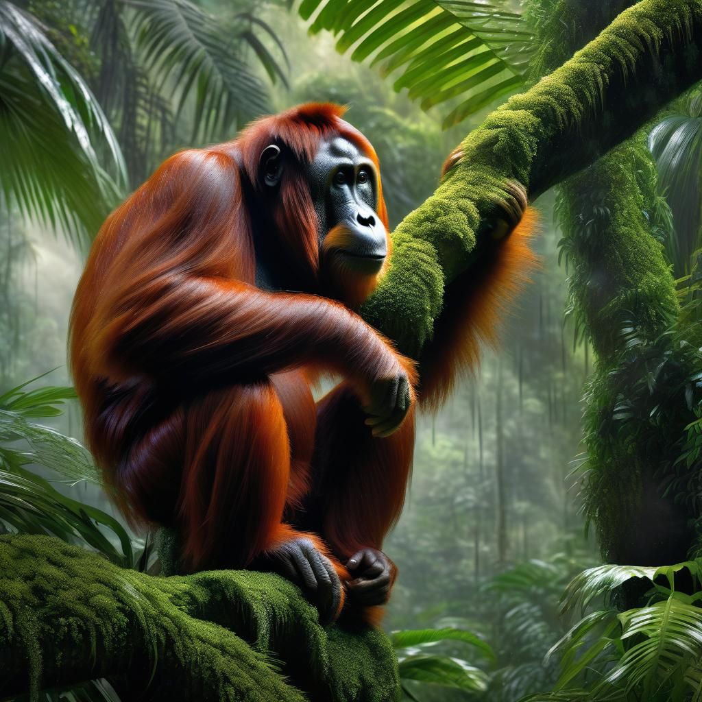 Orangutan Family in Rainforest: Dark Romantic Painting