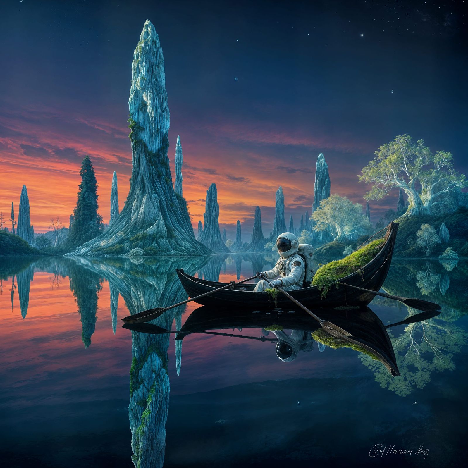 Ancient Boat on Crystal Lake Under Twilight Sky