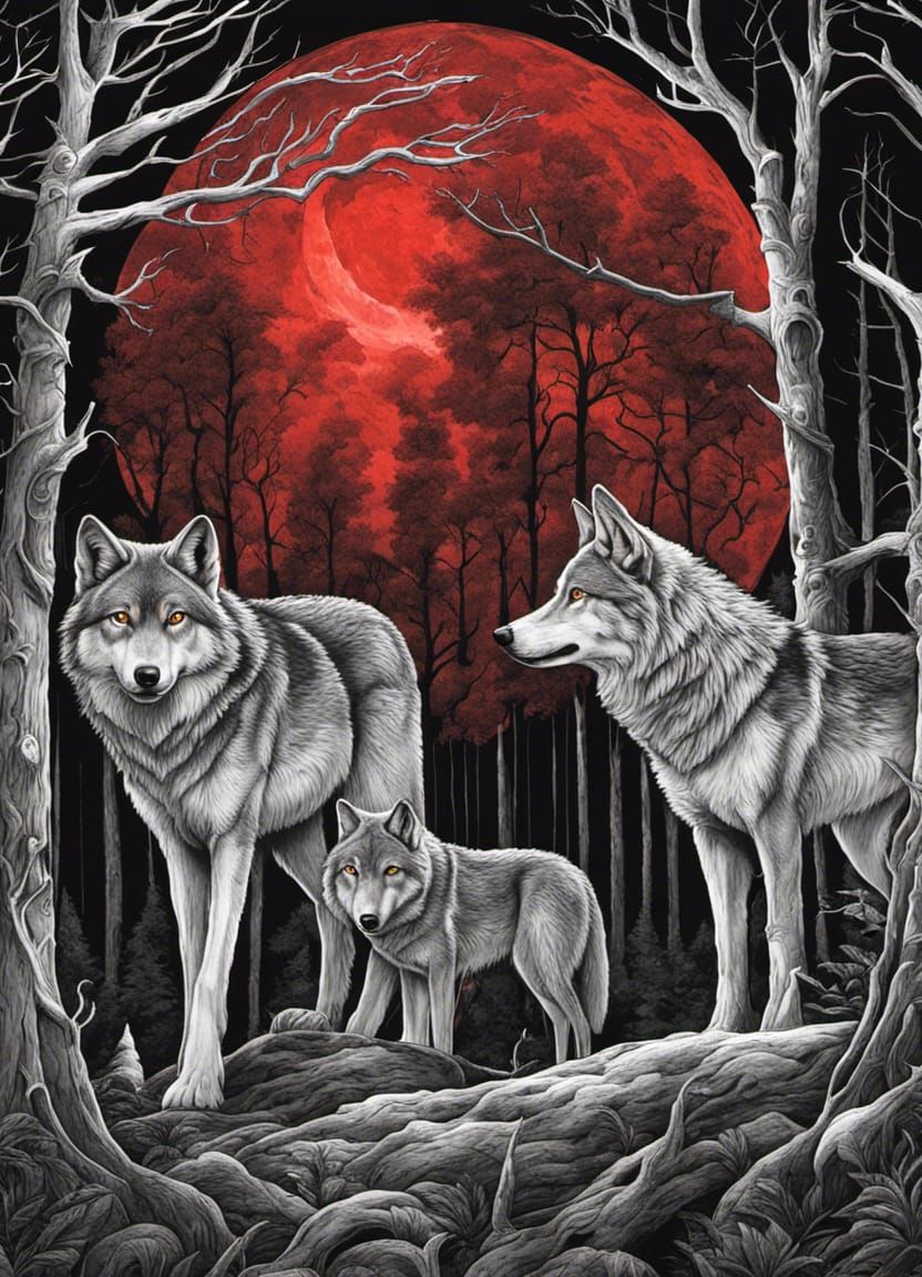 Wolves Howl at Blood Moon in Deep Forest