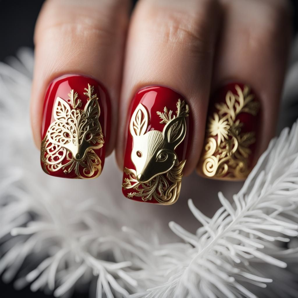 Red and Gold Filigree Woodland Nail Art