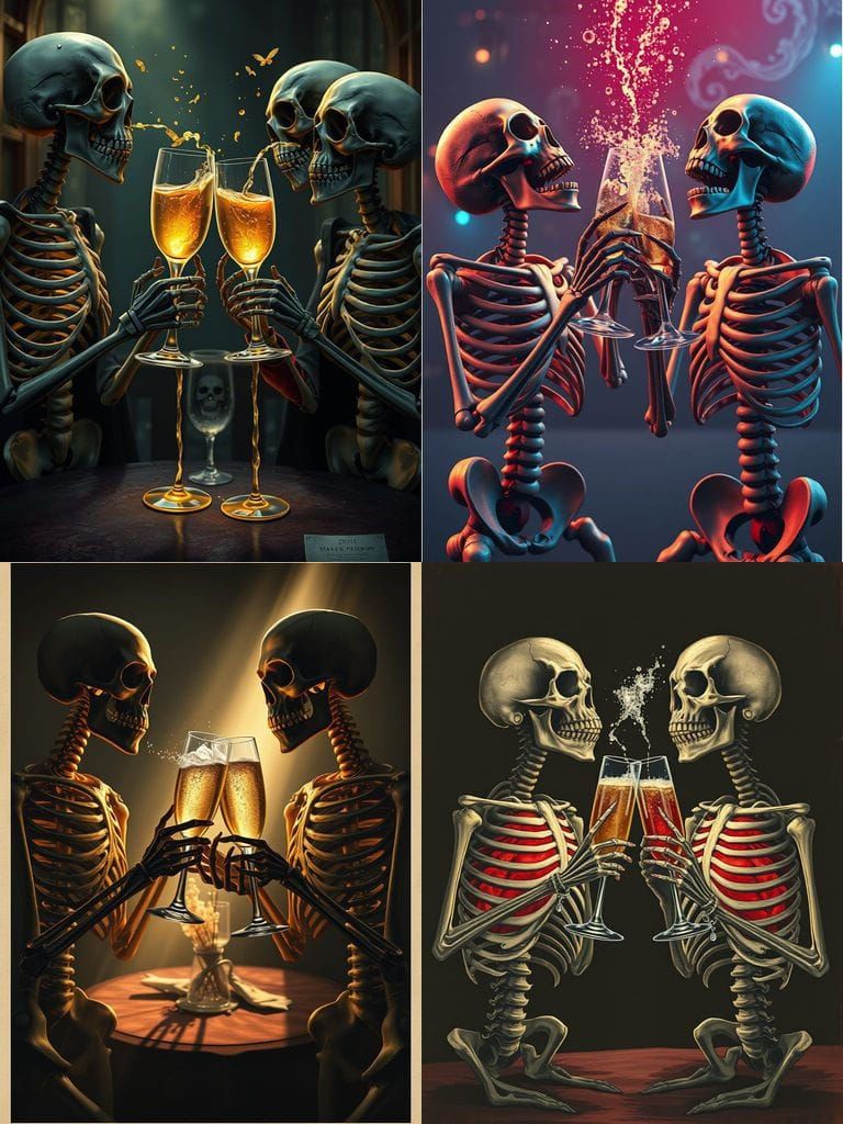Dystopian Skeletons Drink Champagne in Tim Burton Style