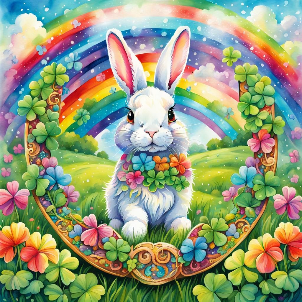 Lucky Horseshoe with Bunnies and Rainbow, Watercolor Art