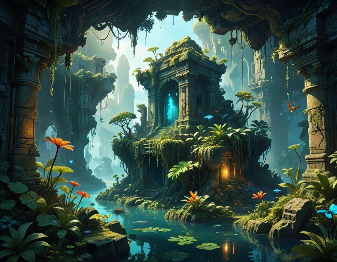 Floating Island Jungle Ruins with Bioluminescent Flora