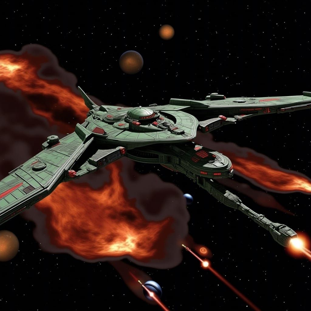 Klingon Bird of Prey in Fiery Space Battle