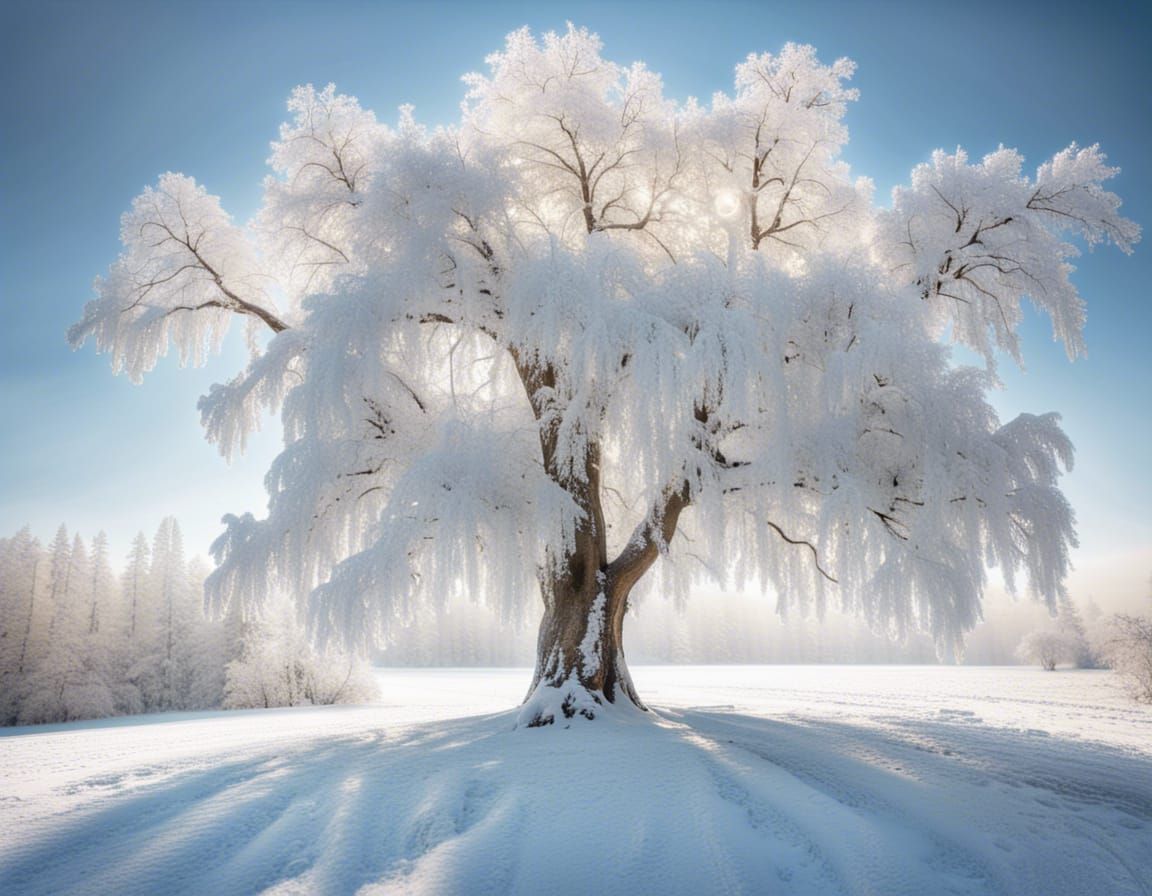 Snow-Covered Tree in a Frosty Winter Park