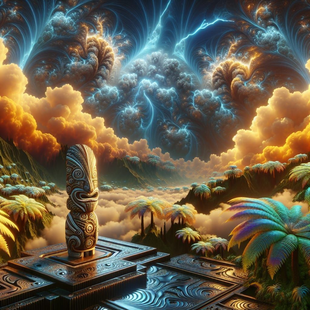 Maori Tiki Carving in Sci-Fi Landscape