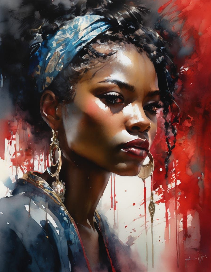 Watercolor Portrait of a Black Woman in Red Silk Robe