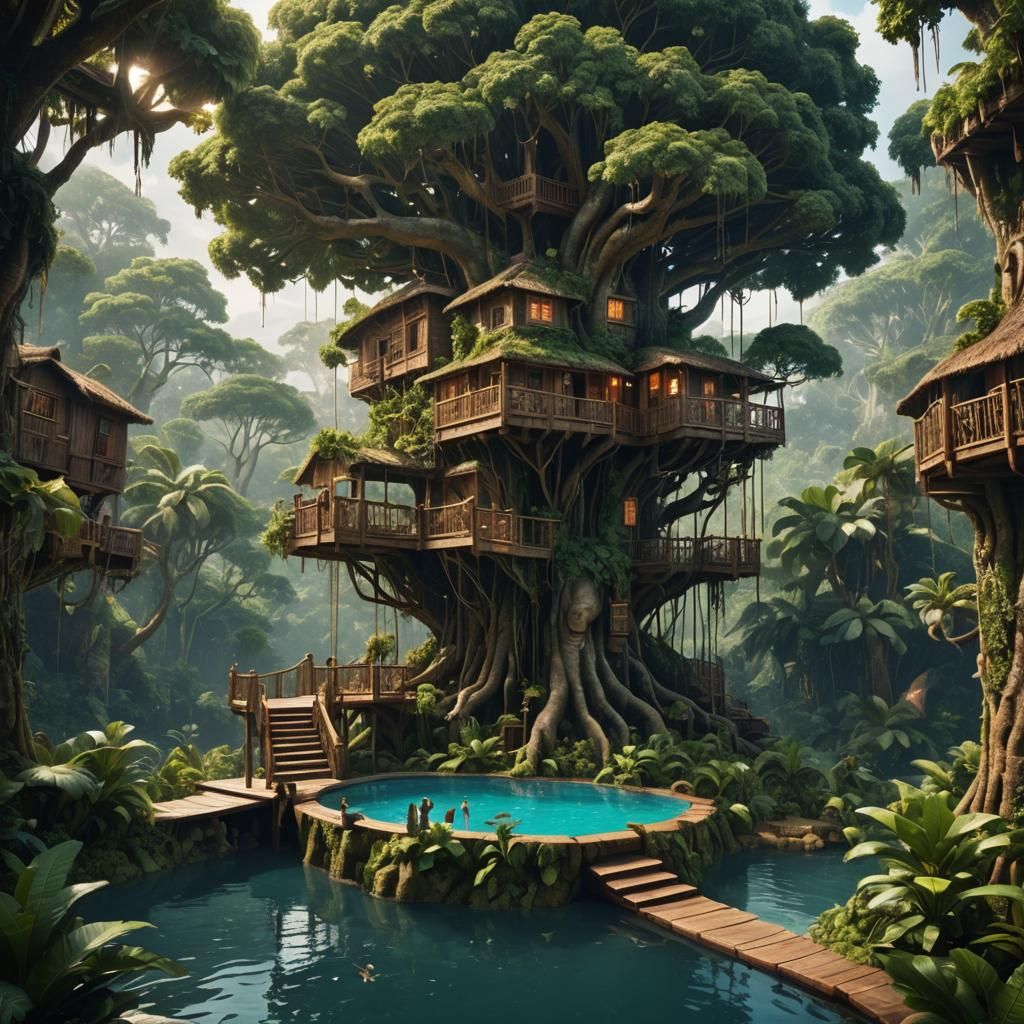 Jungle Treehouse with Pool: A Digital Matte Painting