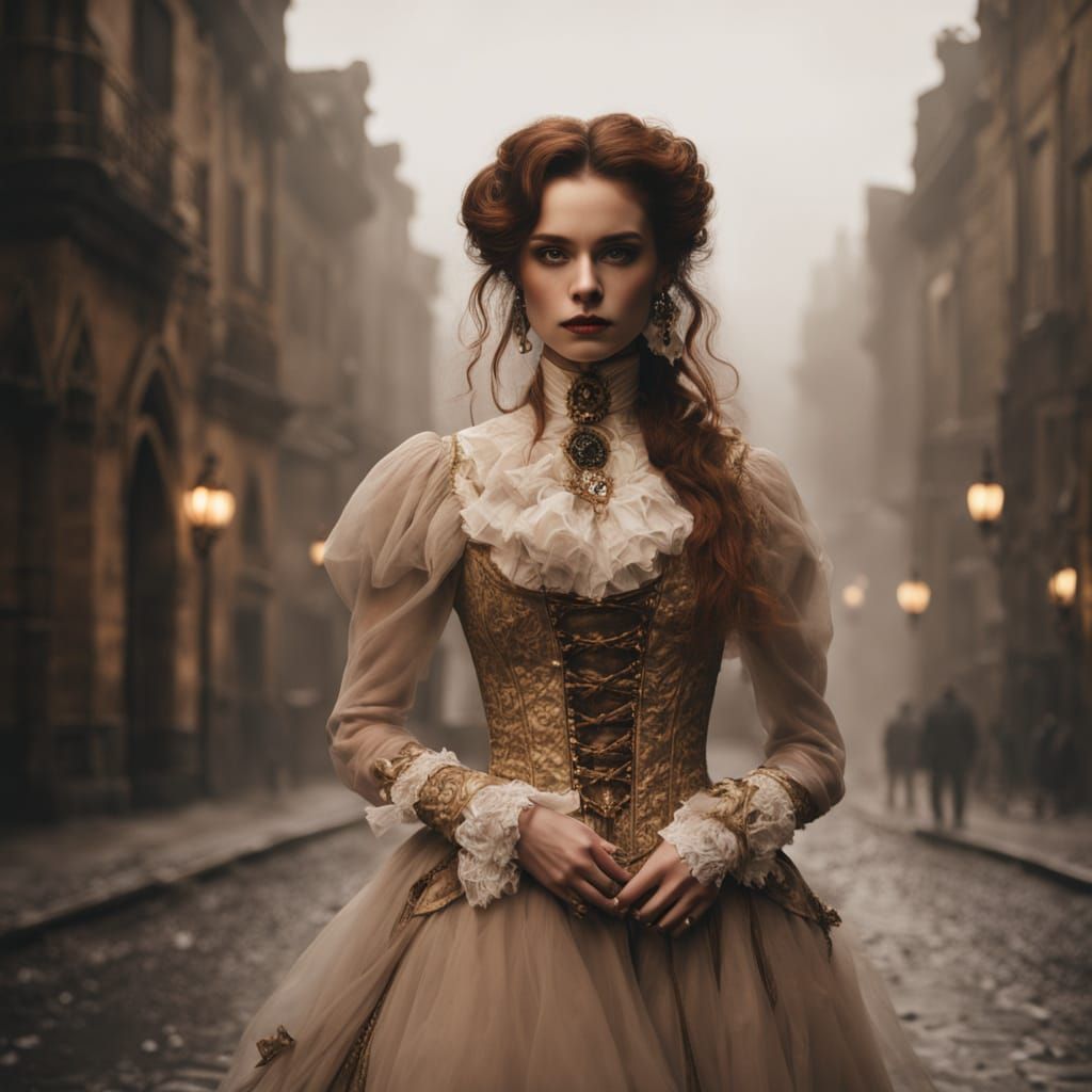 Steampunk Vampire Princess in Victorian Attire, Walking into...