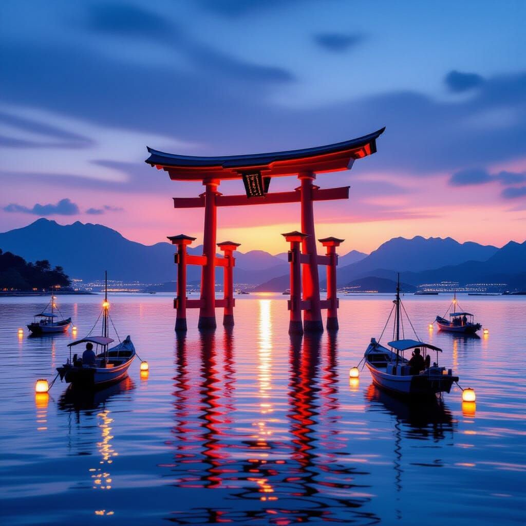 Mystical Torii Gate at Dusk Over Ocean