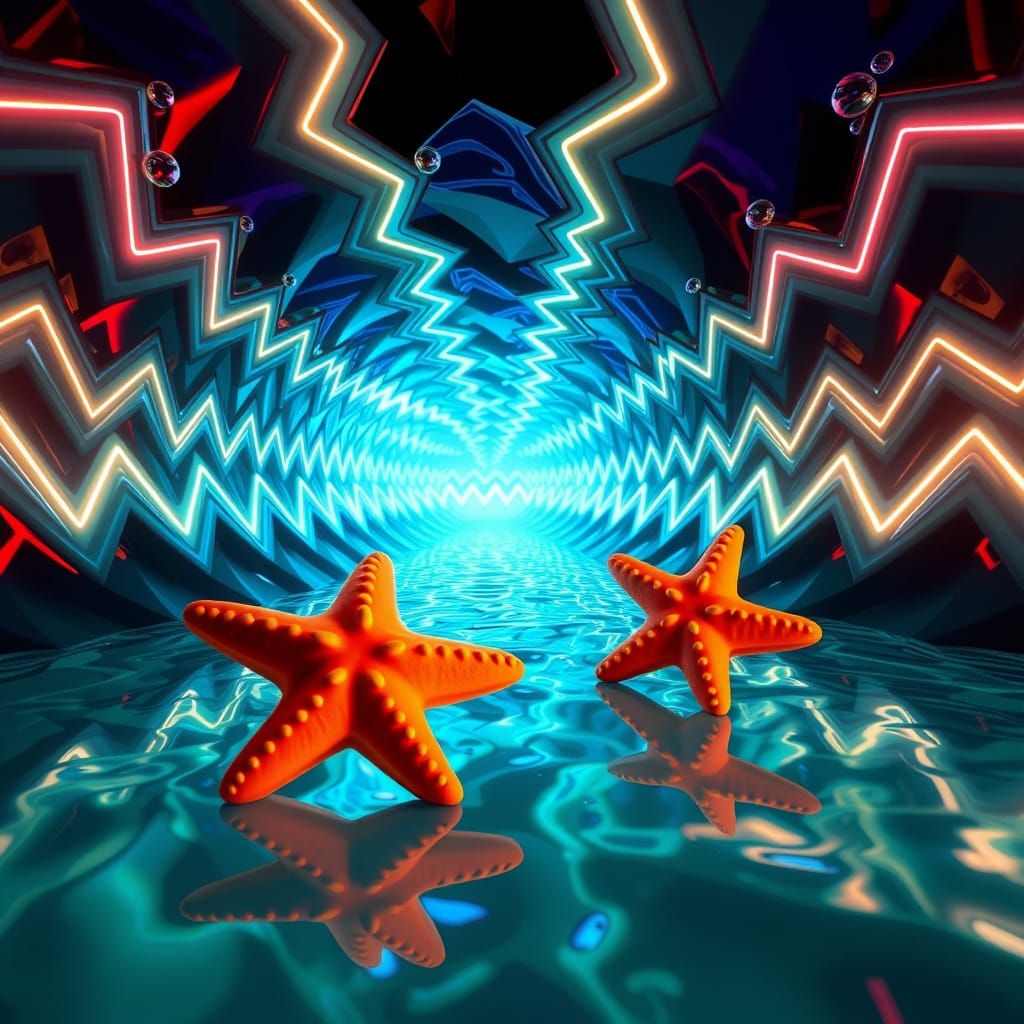Starfish Journey Through a Neon 3D Water Portal