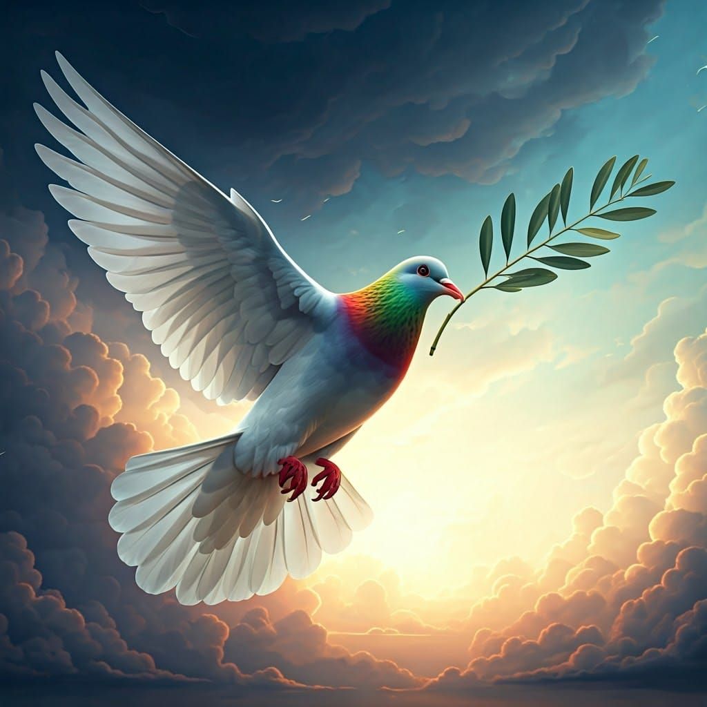 Rainbow Dove in Flight, Suspended in a Vibrant Stormy Sky