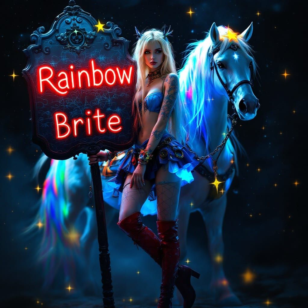 Goth Rainbow Brite in Majestic Regalia, Beside a White Horse...