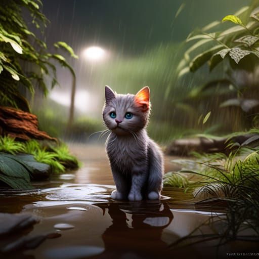 Cute Kitten in the Rain: Detailed Matte Painting