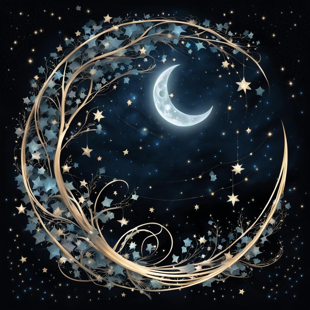 Celestial Vines Embrace the Crescent Moon