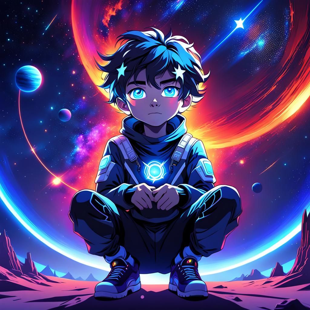 Boy on Star with Blazing Eyes in Sci-Fi Art